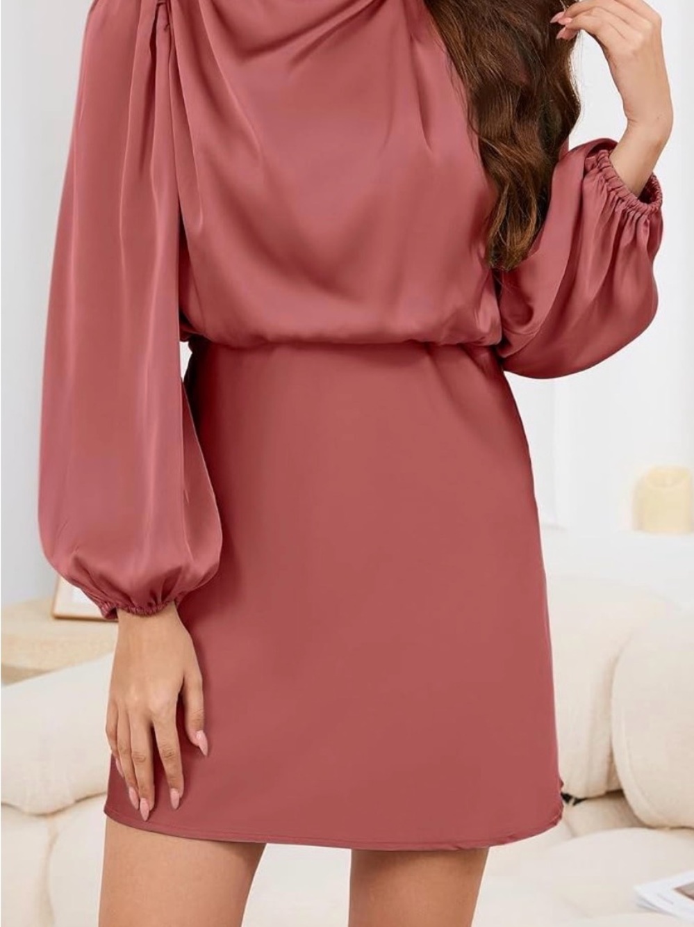 Women's Long Sleeve Satin Blouson Dress - Dusty Rose